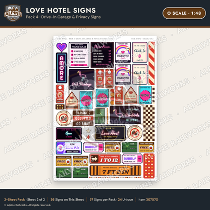 Alpine Railworks 30707O O Scale Love Hotel Signs - Drive-In Garage