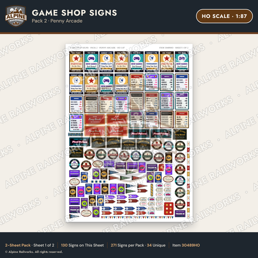 Alpine Railworks 30489HO HO Scale Game Shop Signs - Penny Arcade