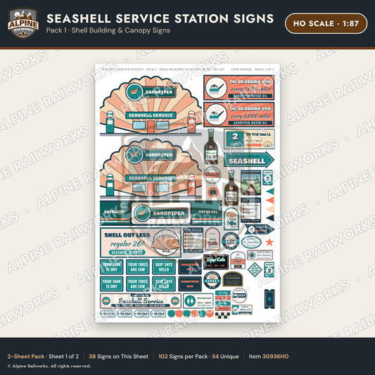 Alpine Railworks 30936HO HO Scale Roadside Signs - Seashell Station