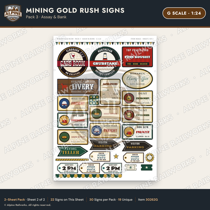 Alpine Railworks 30262G G Scale Mining Gold Rush Signs - Assay & Bank