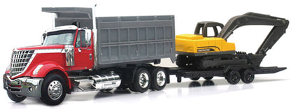 New Ray 16623 1/43 Intl Lonestar Dump Truck, Excavator & Trailer