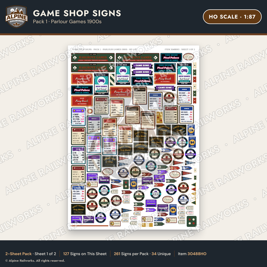 Alpine Railworks 30488HO HO Scale Game Shop Signs - Parlour Games