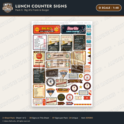 Alpine Railworks 30108O O Scale Lunch Counter Signs - Big Al's Frank
