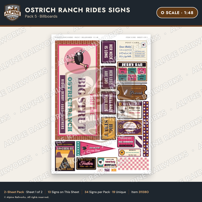 Alpine Railworks 31138O O Scale Roadside Signs - Ostrich Farm