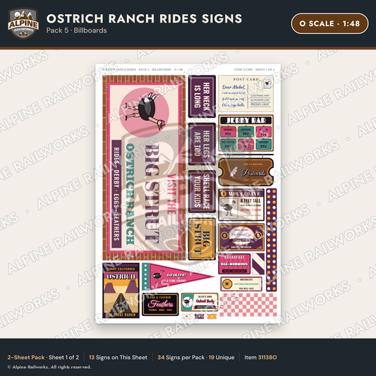 Alpine Railworks 31138O O Scale Roadside Signs - Ostrich Farm