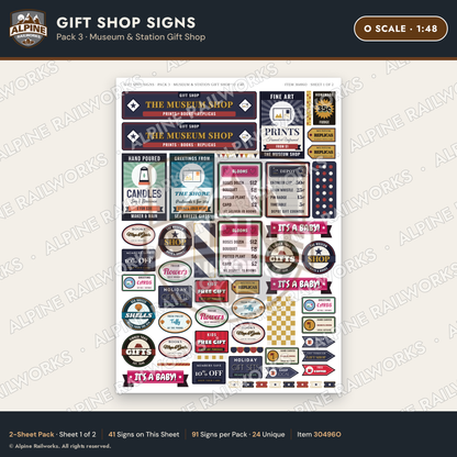 Alpine Railworks 30496O O Scale Gift Shop Signs - Museum