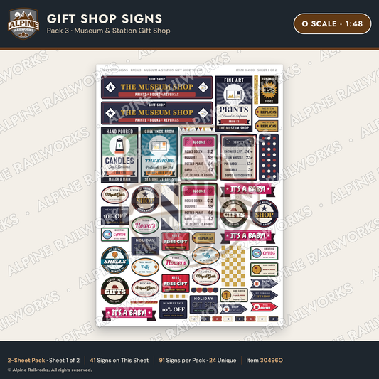 Alpine Railworks 30496O O Scale Gift Shop Signs - Museum