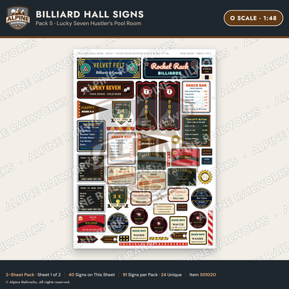 Alpine Railworks 30102O O Scale Billiard Hall Signs