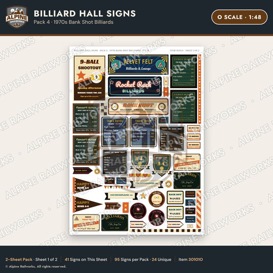 Alpine Railworks 30101O O Scale Billiard Hall Signs