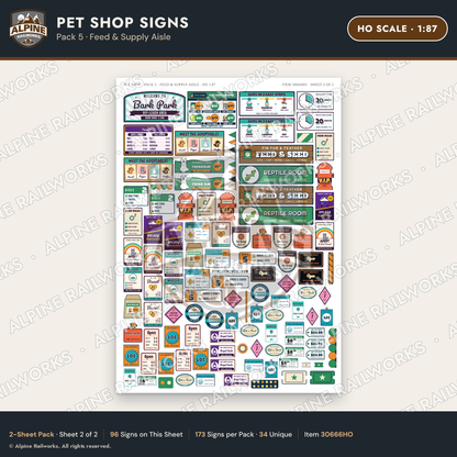 Alpine Railworks 30666HO HO Scale Pet Shop Signs - Feed & Supply Aisle