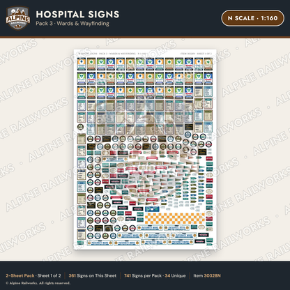 Alpine Railworks 30328N N Scale Hospital Signs - Wards & Wayfinding