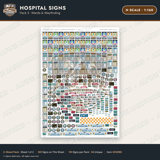 Alpine Railworks 30328N N Scale Hospital Signs - Wards & Wayfinding