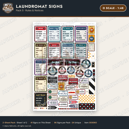 Alpine Railworks 30306O O Scale Laundromat Signs - Rules & Notices