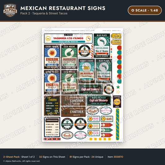 Alpine Railworks 30387O O Scale Mexican Restaurant Signs - Taqueria