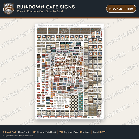 Alpine Railworks 30477N N Scale Run-Down Cafe Signs