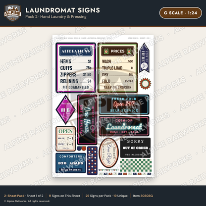 Alpine Railworks 30303G G Scale Laundromat Signs - Hand Laundry