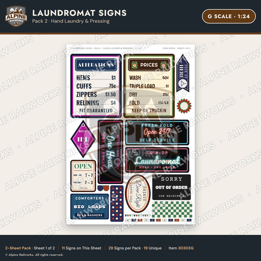 Alpine Railworks 30303G G Scale Laundromat Signs - Hand Laundry