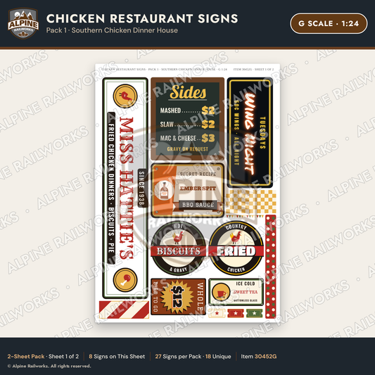 Alpine Railworks 30452G G Scale Chicken Restaurant Signs