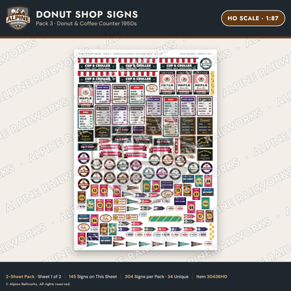 Alpine Railworks 30436HO HO Scale Donut Shop Signs - Donut