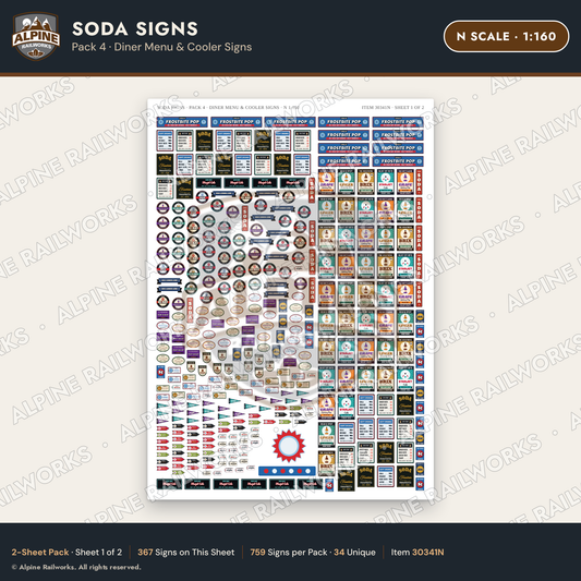 Alpine Railworks 30341N N Scale Soda Signs - Diner Menu & Cooler