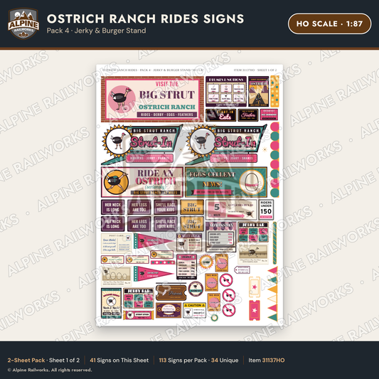 Alpine Railworks 31137HO HO Scale Roadside Signs - Ostrich Farm