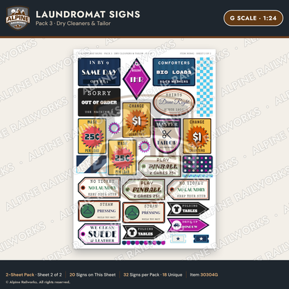 Alpine Railworks 30304G G Scale Laundromat Signs - Dry Cleaners