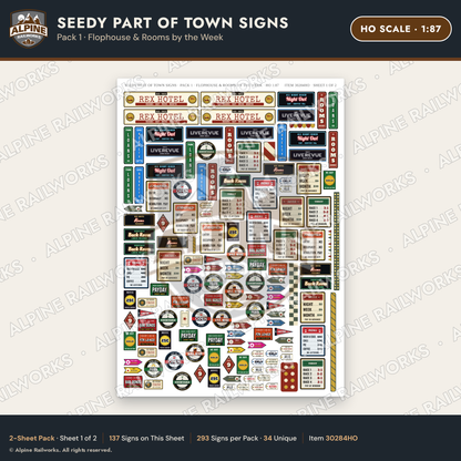 Alpine Railworks 30284HO HO Scale Seedy Part of Town Signs - Flophouse
