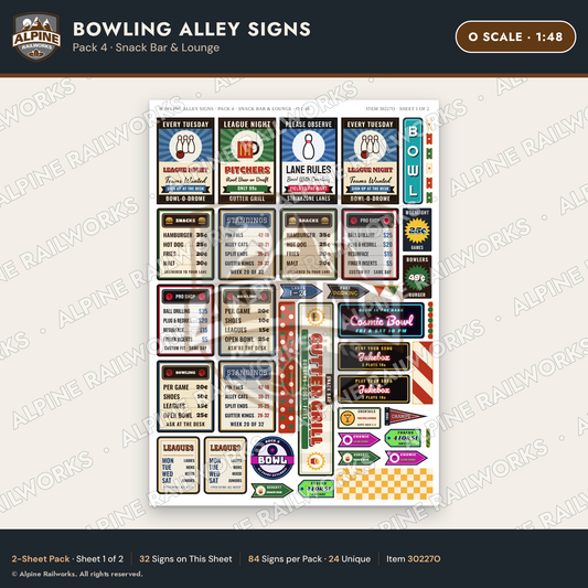 Alpine Railworks 30227O O Scale Bowling Alley Signs - Snack Bar