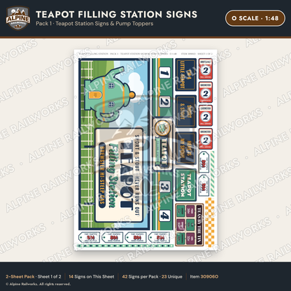 Alpine Railworks 30906O O Scale Roadside Signs - Teapot Gas Station