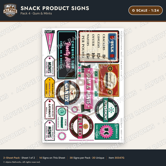 Alpine Railworks 30347G G Scale Snack Product Signs - Gum & Mints