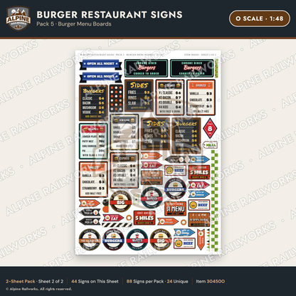 Alpine Railworks 30450O O Scale Burger Restaurant Signs