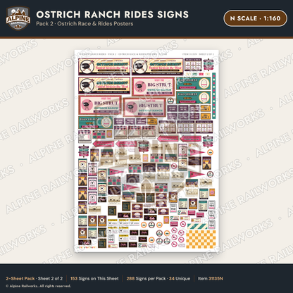 Alpine Railworks 31135N N Scale Roadside Signs - Ostrich Farm