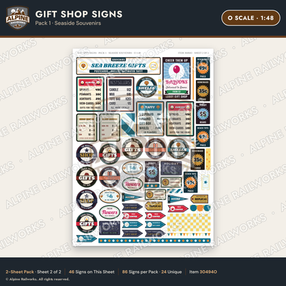 Alpine Railworks 30494O O Scale Gift Shop Signs - Seaside Souvenirs
