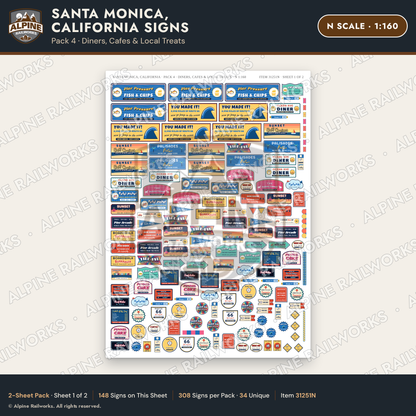 Alpine Railworks 31251N N Scale Santa Monica CA Signs - Diners & Cafes