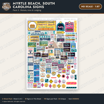 Alpine Railworks 31292HO HO Scale Myrtle Beach SC Signs - Motels