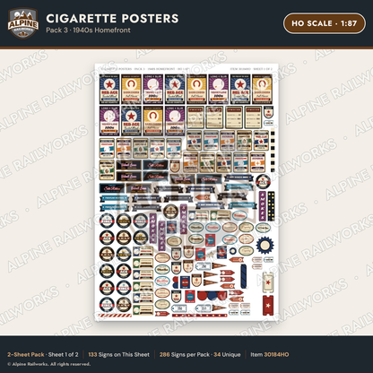 Alpine Railworks 30184HO HO Scale Cigarette Posters - 1940s Homefront