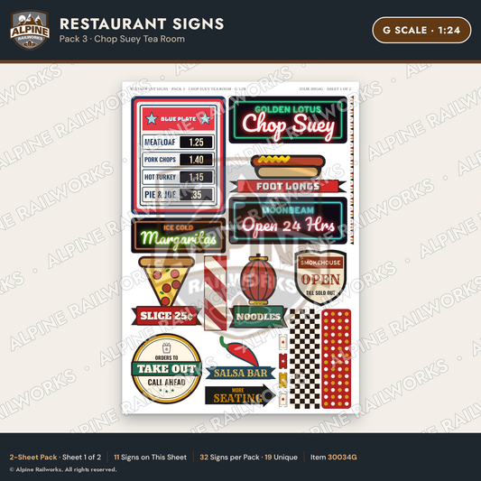 Alpine Railworks 30034G G Scale Restaurant Signs - Chop Suey Tea Room