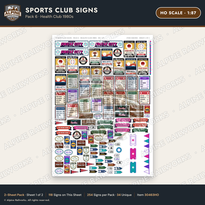 Alpine Railworks 30463HO HO Scale Sports Club Signs - Health Club