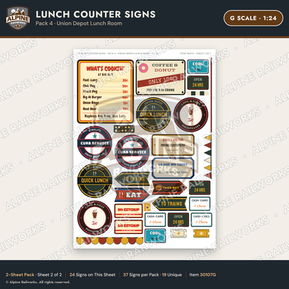 Alpine Railworks 30107G G Scale Lunch Counter Signs