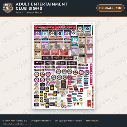Alpine Railworks 30282HO HO Scale Adult Entertainment Club Signs
