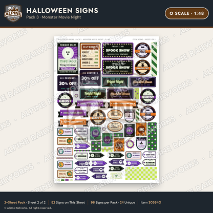 Alpine Railworks 30364O O Scale Halloween Signs - Monster Movie Night