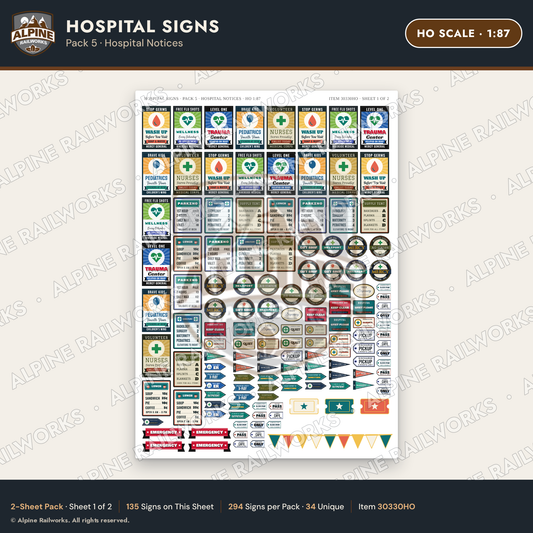 Alpine Railworks 30330HO HO Scale Hospital Signs - Hospital Notices
