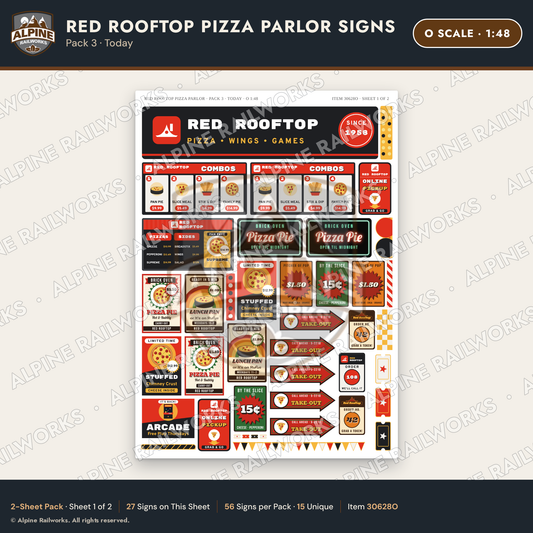 Alpine Railworks 30628O O Scale Restaurant Signs - Pizza Parlor