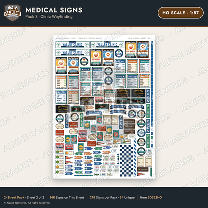Alpine Railworks 30322HO HO Scale Medical Signs - Clinic Wayfinding
