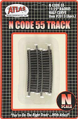 Atlas Model Railroad 2013 N Scale Code 55 Track 11-1/4" Radius Half Curve pkg(6)