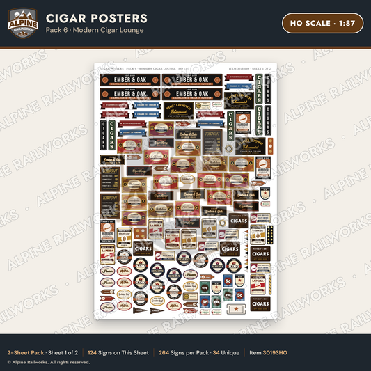 Alpine Railworks 30193HO HO Scale Cigar Posters - Modern Cigar Lounge
