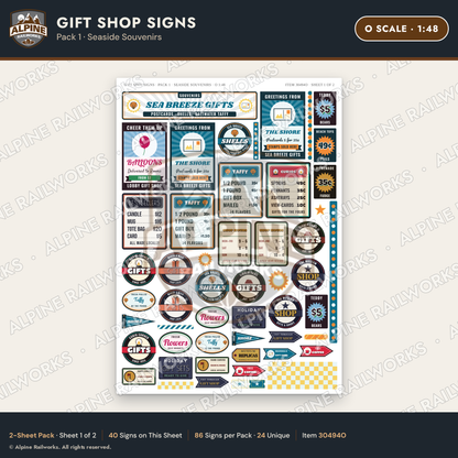 Alpine Railworks 30494O O Scale Gift Shop Signs - Seaside Souvenirs