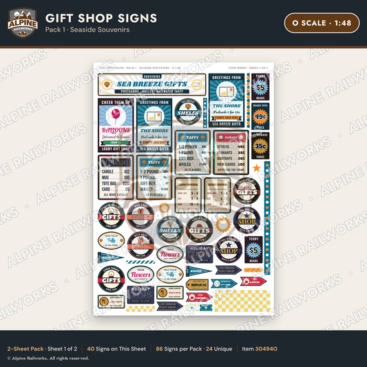 Alpine Railworks 30494O O Scale Gift Shop Signs - Seaside Souvenirs