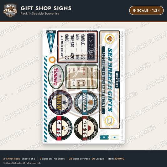 Alpine Railworks 30494G G Scale Gift Shop Signs - Seaside Souvenirs