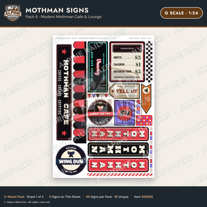 Alpine Railworks 30163G G Scale Mothman Signs - Modern Mothman Cafe